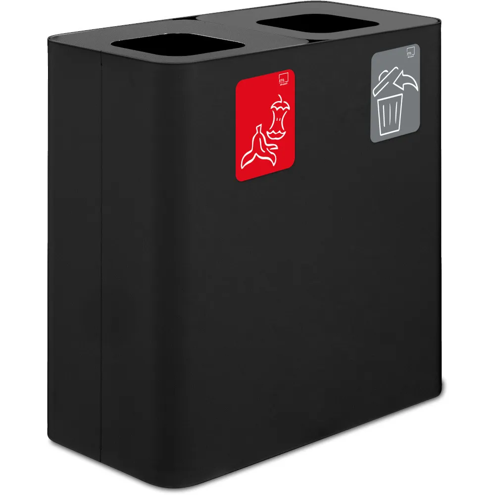 Schwarzer 100-Liter-Recyclingbehälter mit Piktogrammen für zwei Wertstoffströme