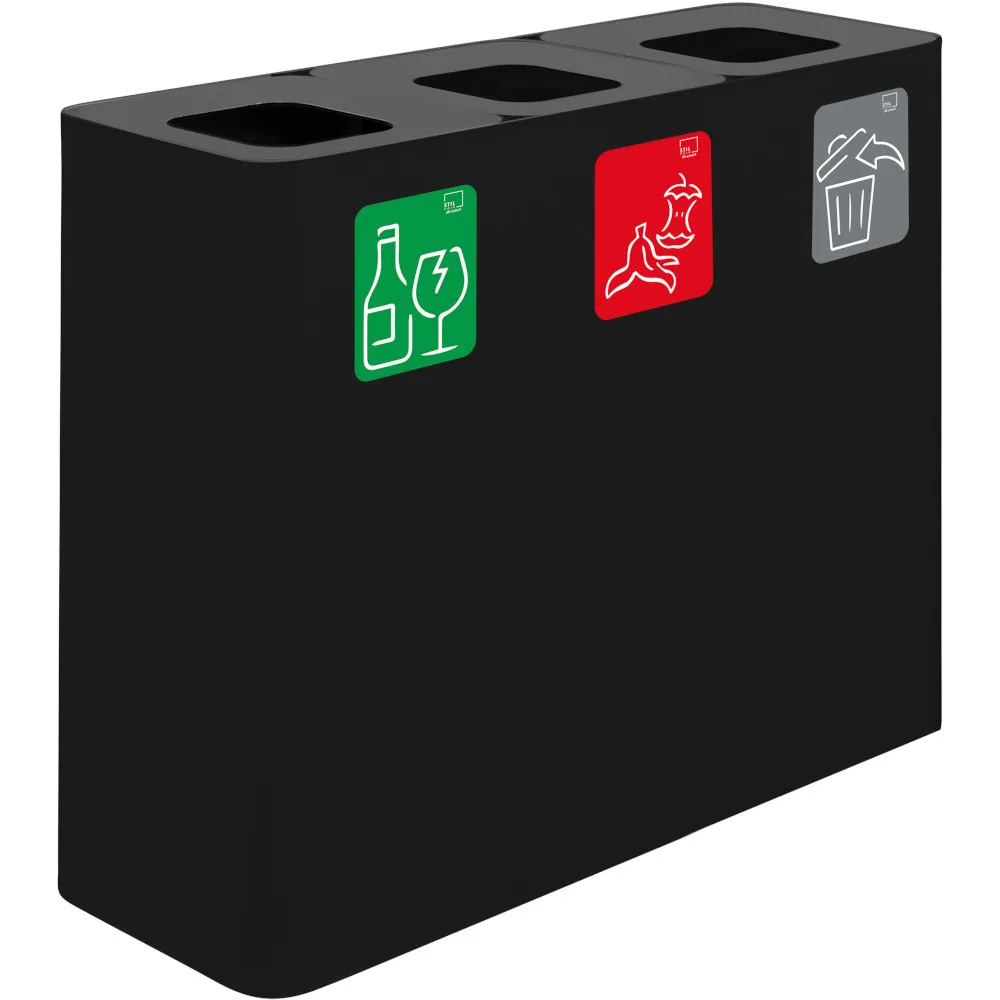 Schwarzer 3-Fraktionen-Recyclingbehälter mit magnetischen Piktogrammen