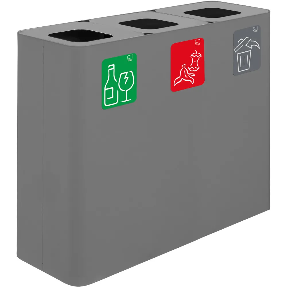Grauer 3-Fraktionen-Recyclingbehälter mit magnetischen Piktogrammen