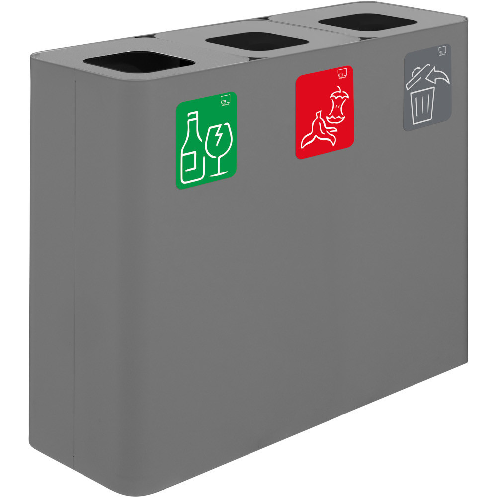 Grauer 3-Fraktionen-Recyclingbehälter mit magnetischen Piktogrammen