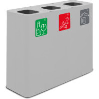 Weißer 60-Liter-Recyclingbehälter mit drei Sammelströmen und magnetischen Piktogrammen