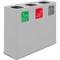 Weißer 60-Liter-Recyclingbehälter mit drei Sammelströmen und magnetischen Piktogrammen