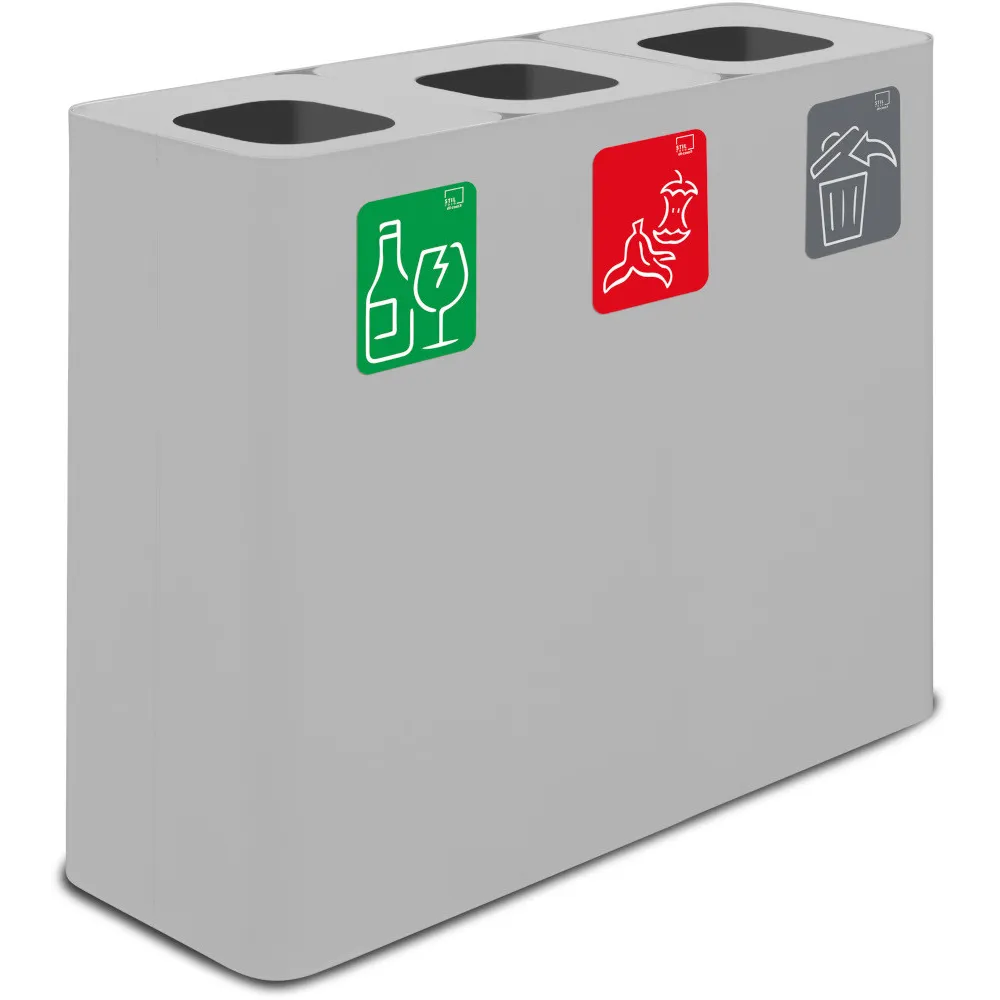 Weißer 60-Liter-Recyclingbehälter mit drei Sammelströmen und magnetischen Piktogrammen