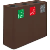 60-Liter-Sortierbehälter aus Corten-Farbe mit drei Fraktionen und Piktogrammen.