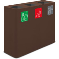 60-Liter-Sortierbehälter aus Corten-Farbe mit drei Fraktionen und Piktogrammen.