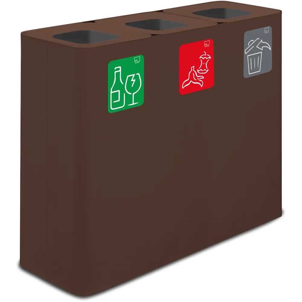 60-Liter-Sortierbehälter aus Corten-Farbe mit drei Fraktionen und Piktogrammen.