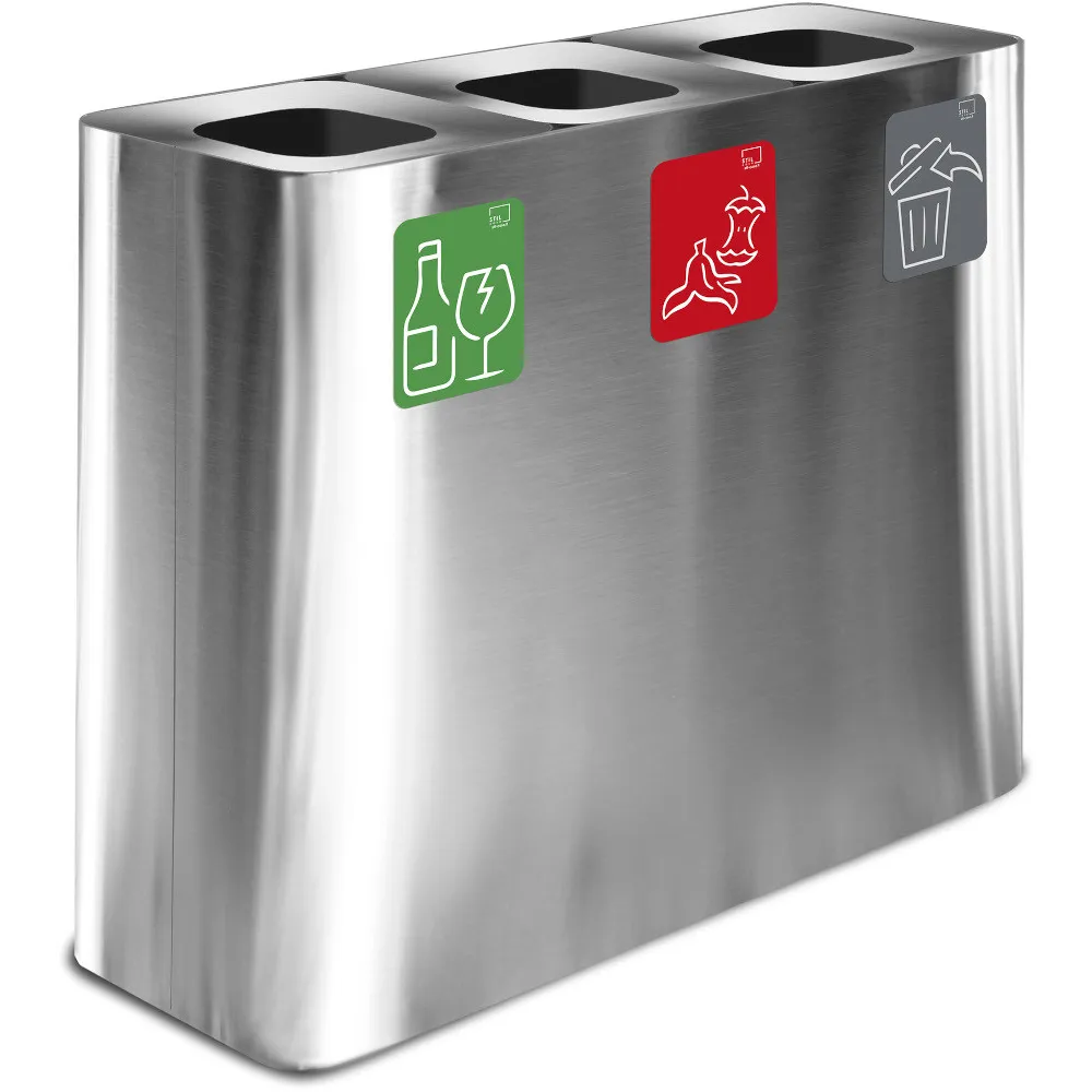 Dreistrom-Recyclingbehälter aus Edelstahl mit magnetischen Piktogrammen