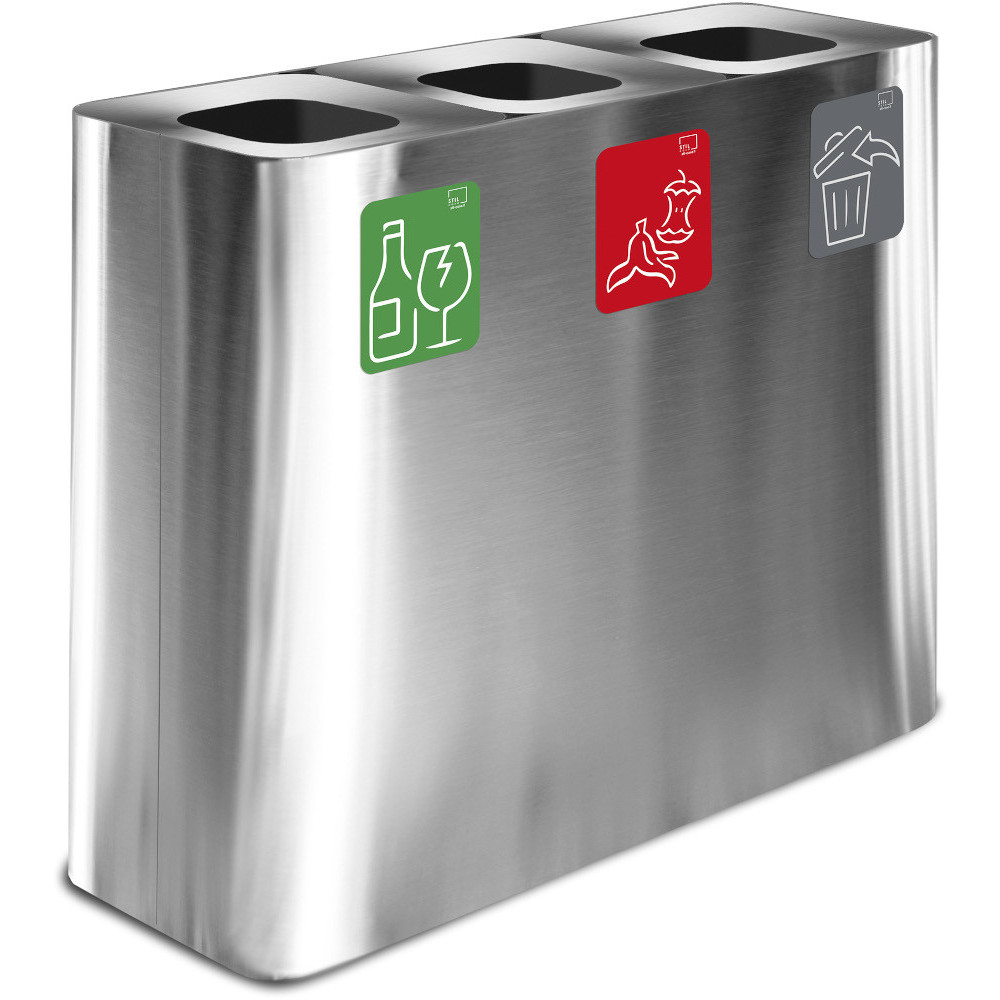 Stainless steel 3-stream recycling bin with magnetic pictograms