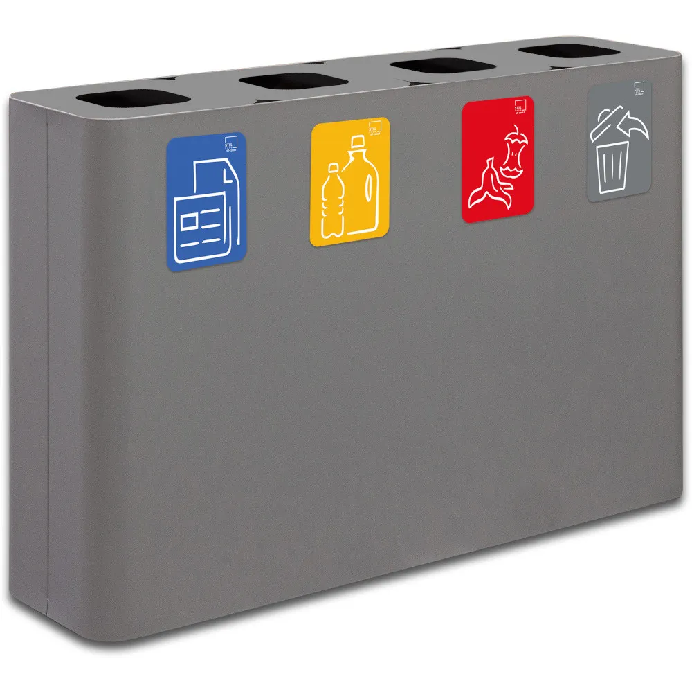 60-litre grey 4-stream recycling bin with magnetic pictograms