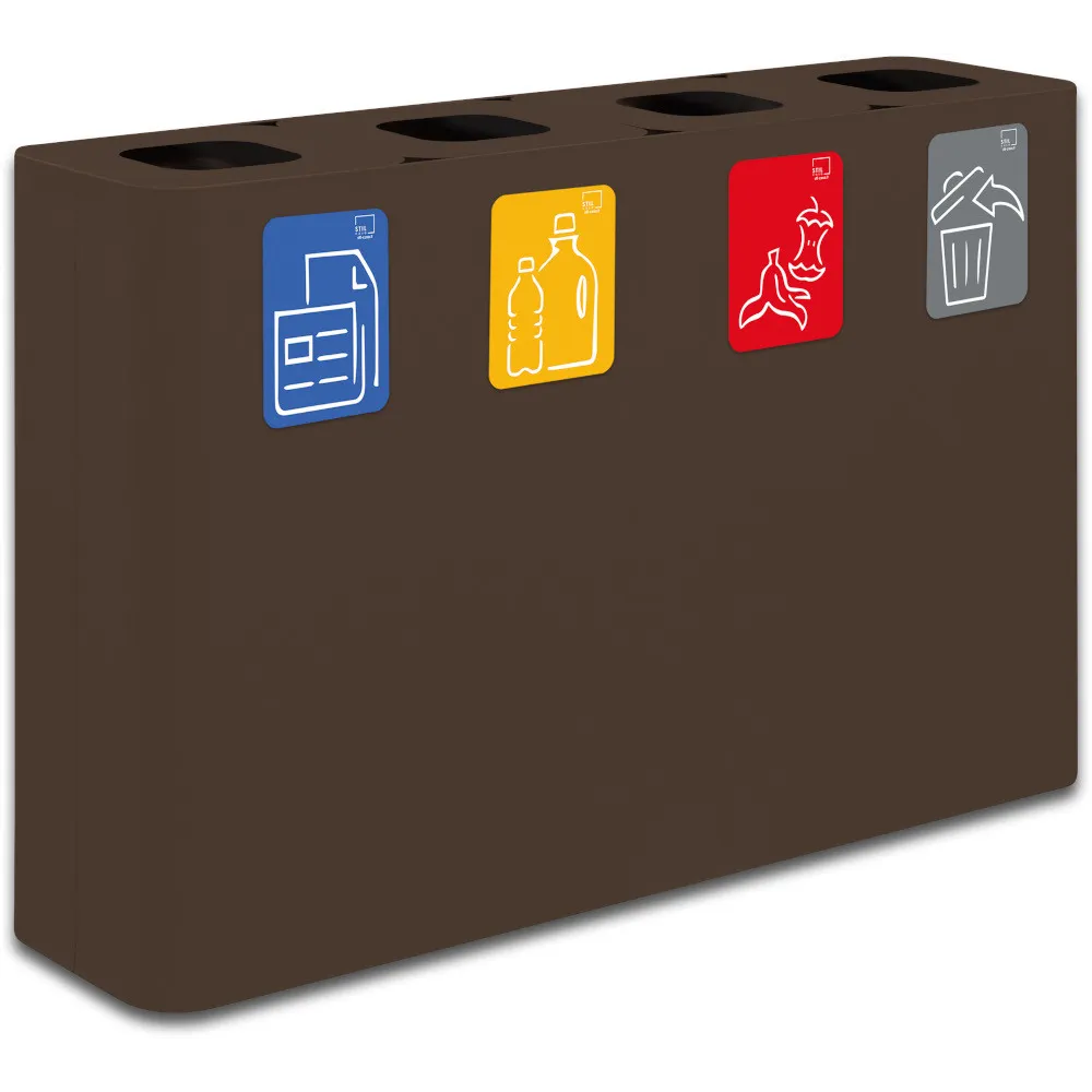 60-Liter-Recyclingbehälter in Corten-Farbe mit Piktogrammen für die 4-Fraktionen-Trennung