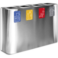 Stainless steel 4-stream recycling bin with magnetic pictograms