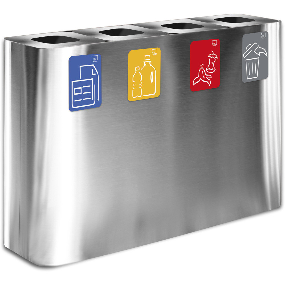Stainless steel 4-stream recycling bin with magnetic pictograms