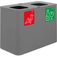 Grauer 70-Liter-Abfallbehälter mit zwei Sammelströmen und magnetischen Piktogrammen