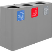 100-Liter-Recyclingbehälter aus grauem Material mit drei Sammelströmen und magnetischen Piktogrammen