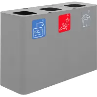 100-Liter-Recyclingbehälter aus grauem Material mit drei Sammelströmen und magnetischen Piktogrammen