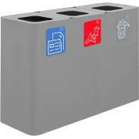 100-Liter-Recyclingbehälter aus grauem Material mit drei Sammelströmen und magnetischen Piktogrammen