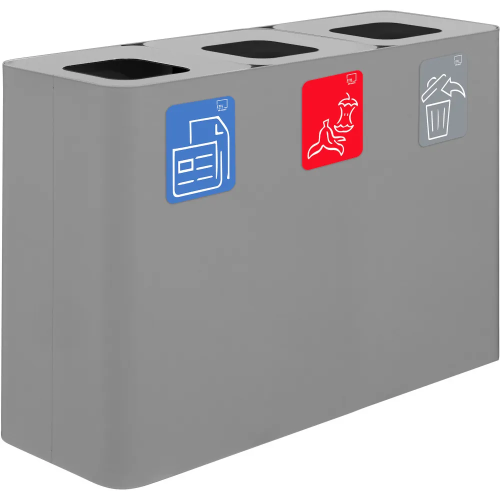 100-Liter-Recyclingbehälter aus grauem Material mit drei Sammelströmen und magnetischen Piktogrammen