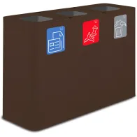 100-Liter-Sortierbehälter aus Corten-Farbe mit drei Fraktionen und Piktogrammen.