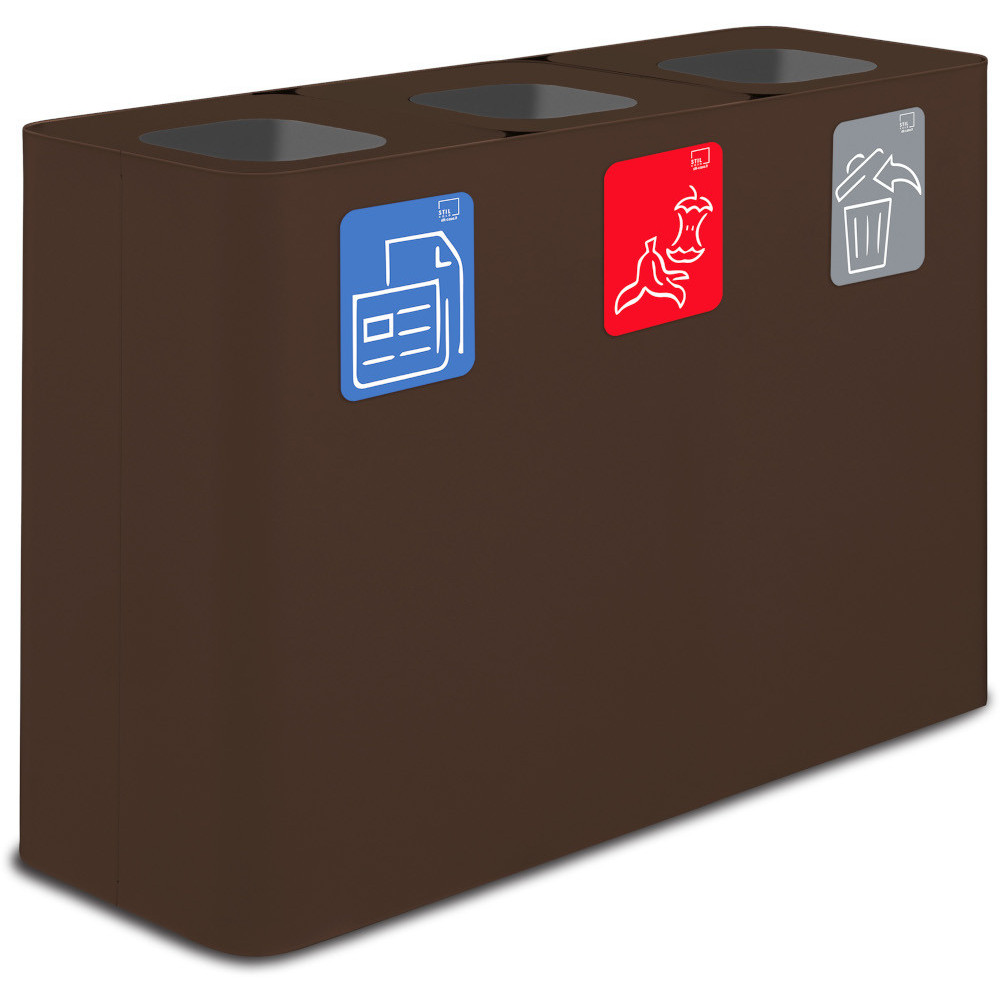 100-litre Corten colour 3-stream selective sorting bin with pictograms.