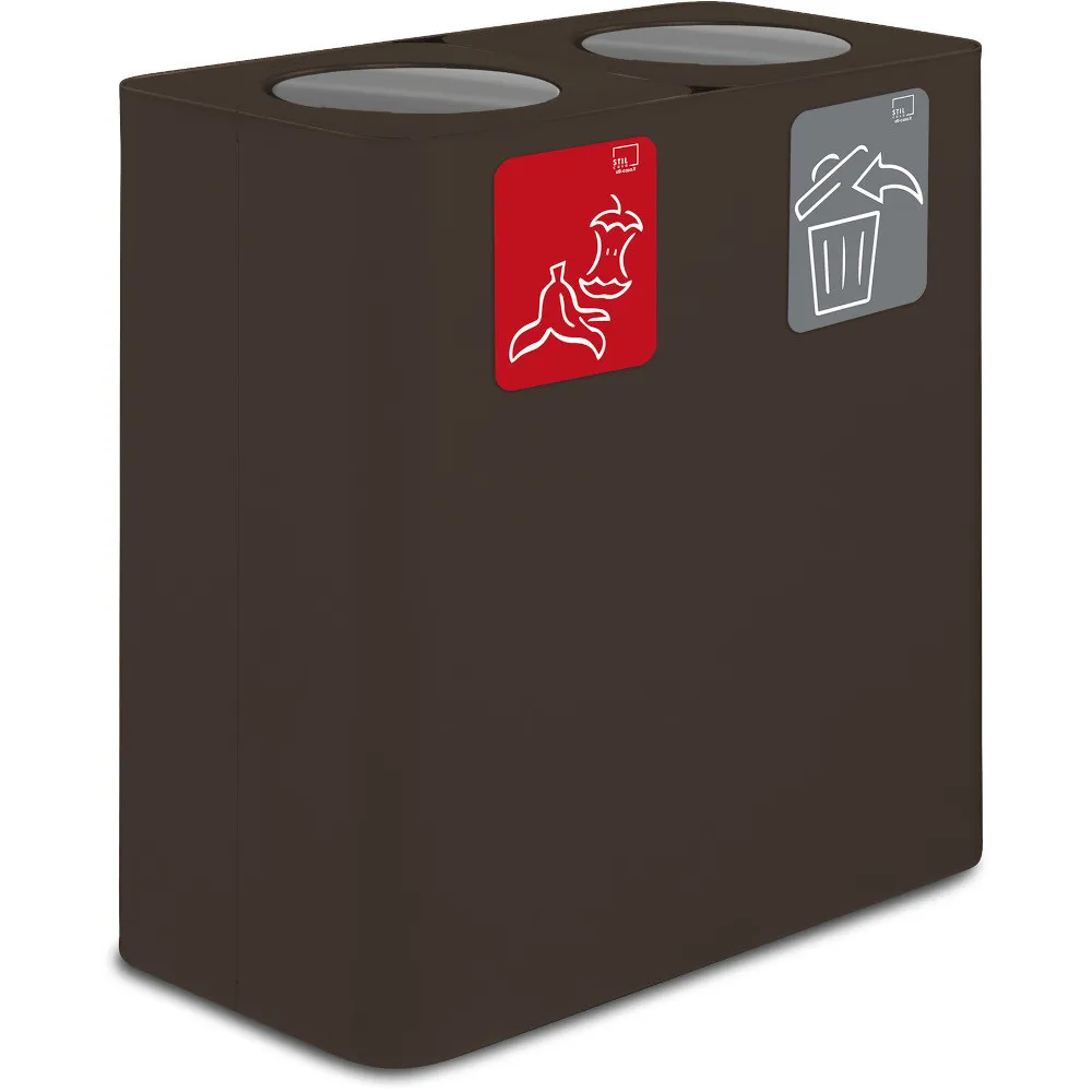 100-Liter-Recyclingbehälter in Corten-Farbe mit Schwingdeckel.