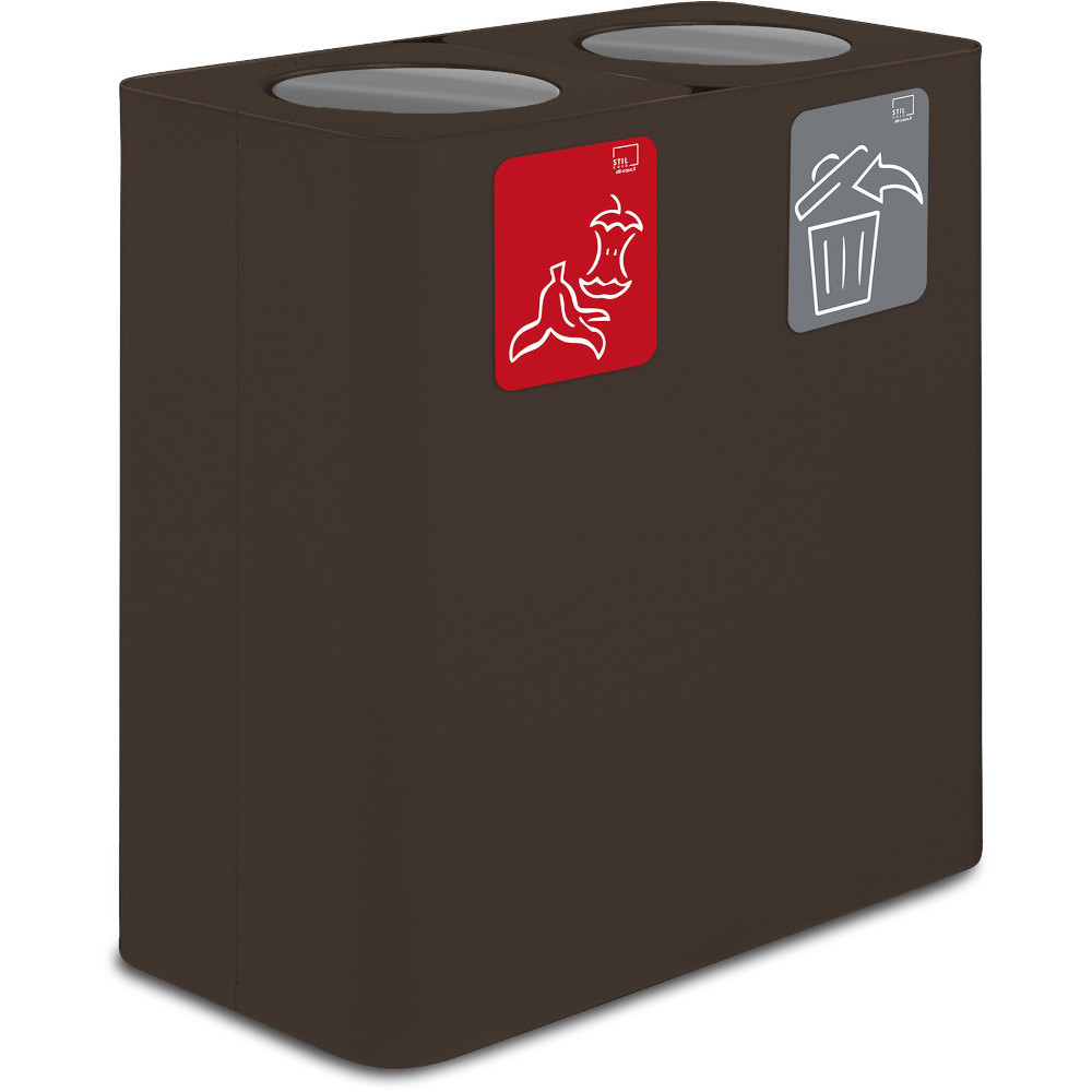 100-Liter-Recyclingbehälter in Corten-Farbe mit Schwingdeckel.