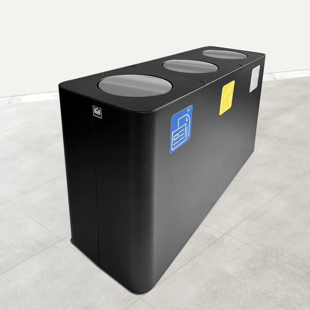 100-litre black three-stream recycling bin with swing lid