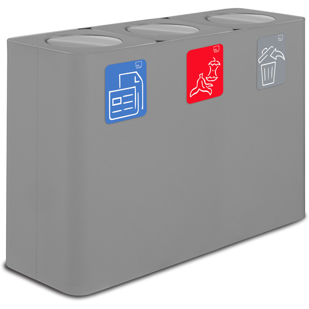 100-litre grey three-stream recycling bin with swing lid