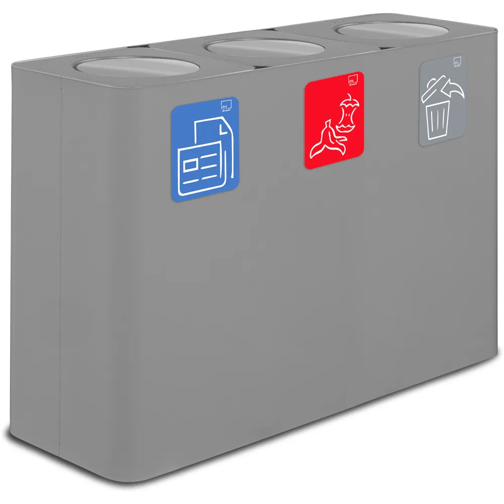 Grauer 100-Liter-Recyclingtonnenbehälter mit Schwingdeckel für drei Wertstofffraktionen