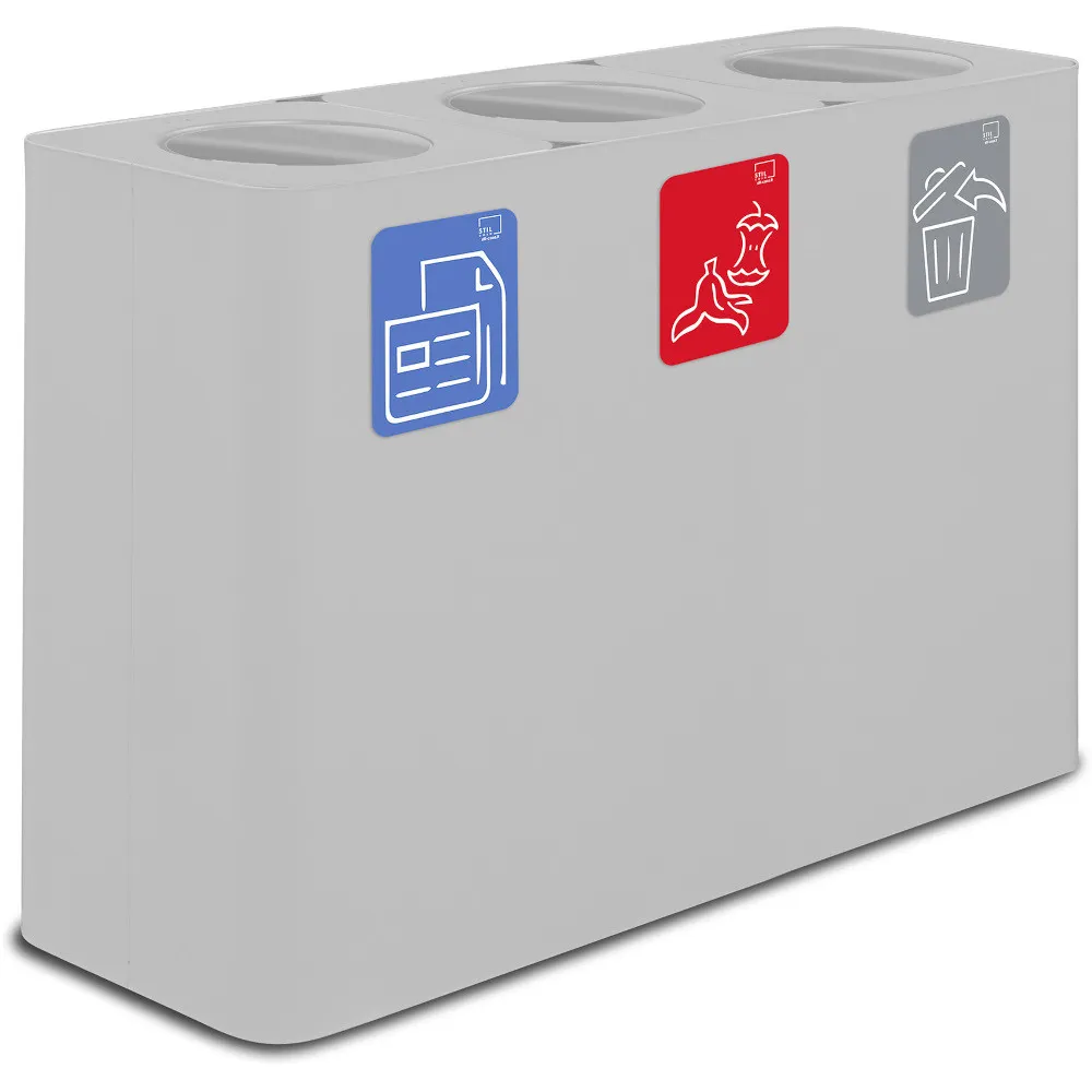 White 100-litre, 3-stream recycling bin with swing lid