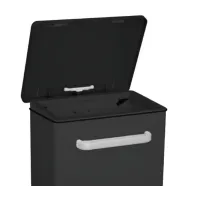 Black 90-litre kitchen bin with wheels, side view