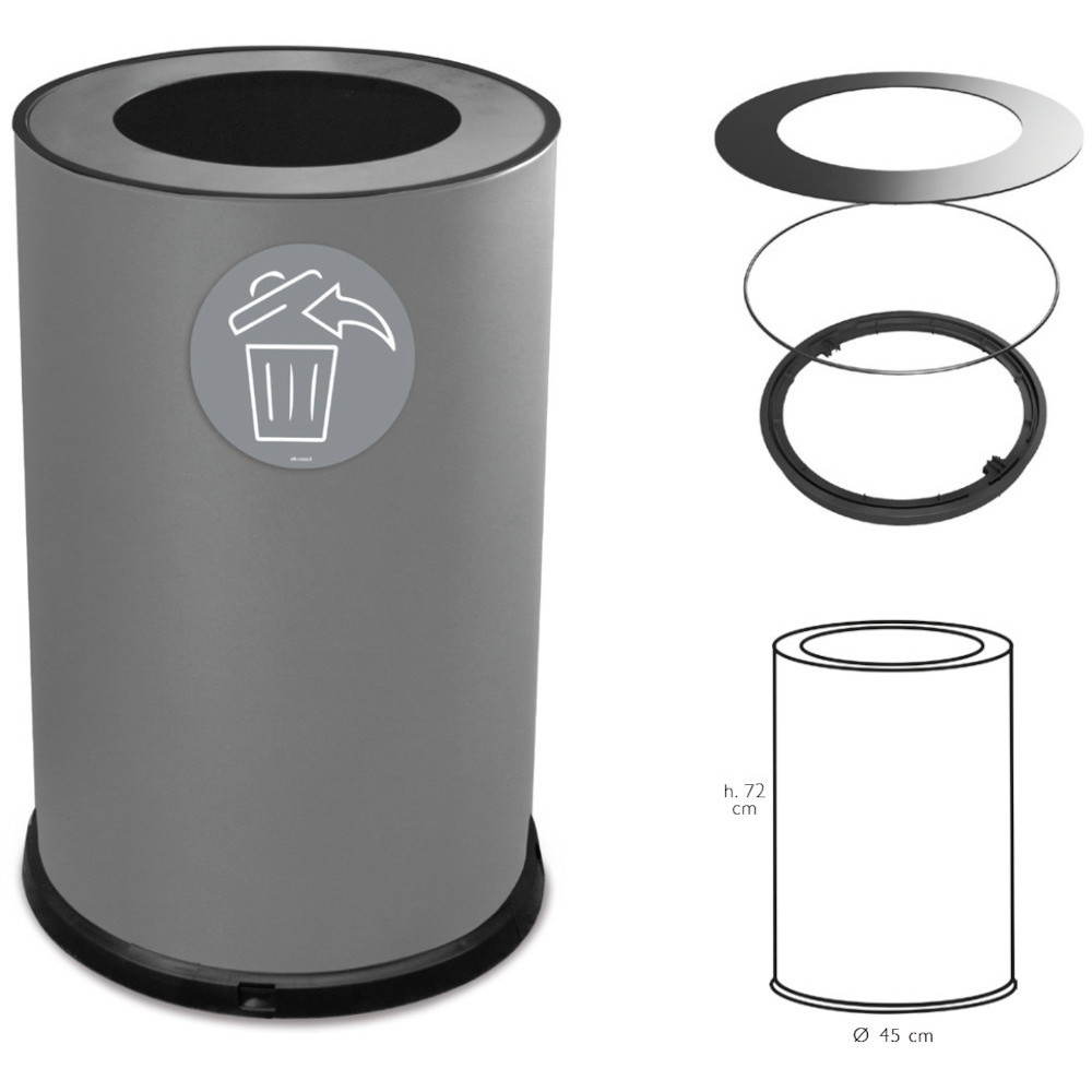 Round grey 100-litre steel bin with top opening