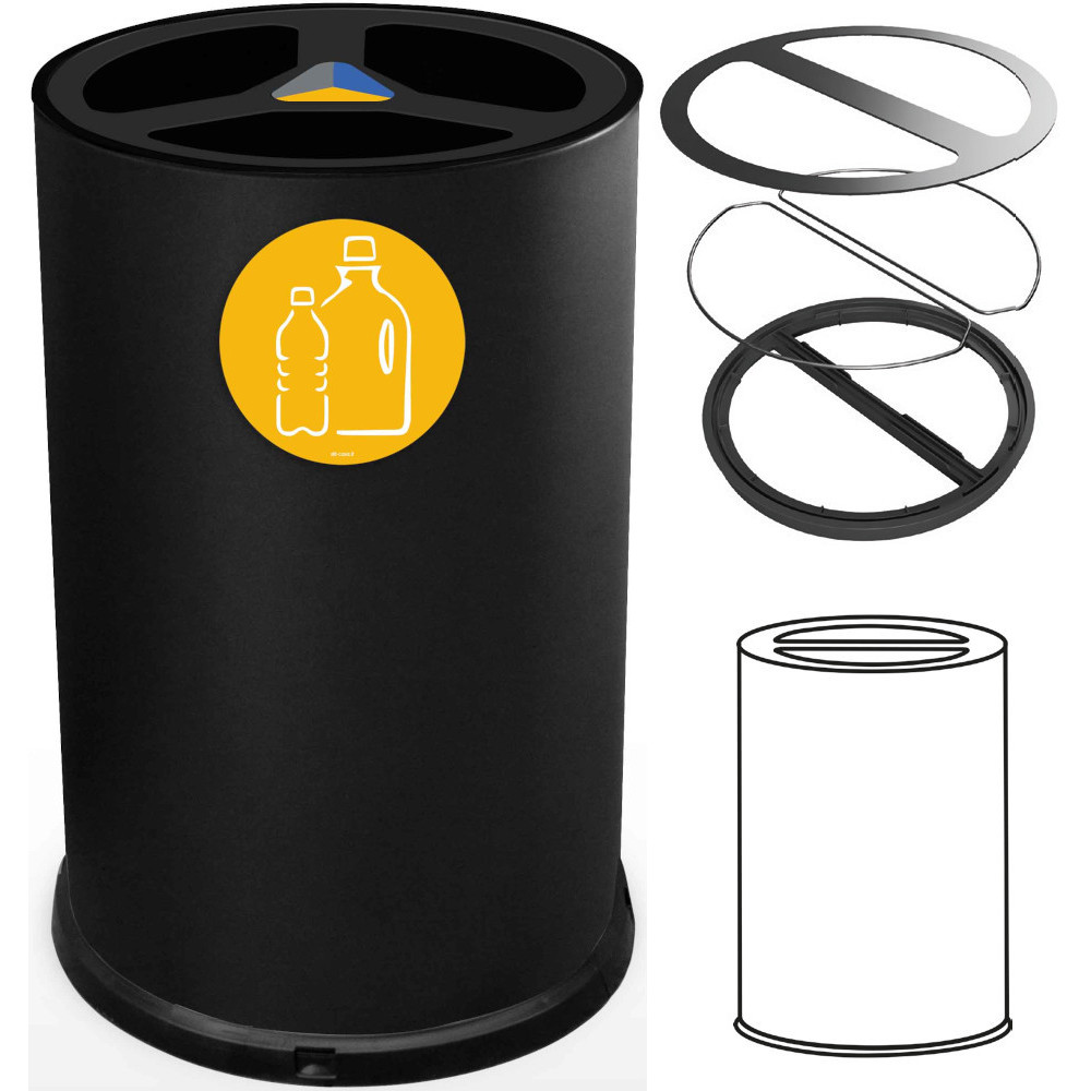 100-litre, 3-compartment black recycling bin (front view)