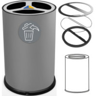 Grauer 100-Liter-Recyclingtonnen, Vorderansicht mit Piktogrammen