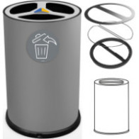 Grauer 100-Liter-Recyclingtonnen, Vorderansicht mit Piktogrammen