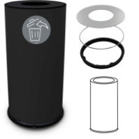 Runder, schwarzer Design-Abfalleimer, 70 Liter, Vorderansicht, robuster Stahl