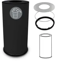 Runder, schwarzer Design-Abfalleimer, 70 Liter, Vorderansicht, robuster Stahl