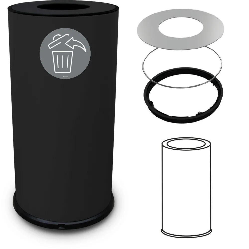 Runder, schwarzer Design-Abfalleimer, 70 Liter, Vorderansicht, robuster Stahl