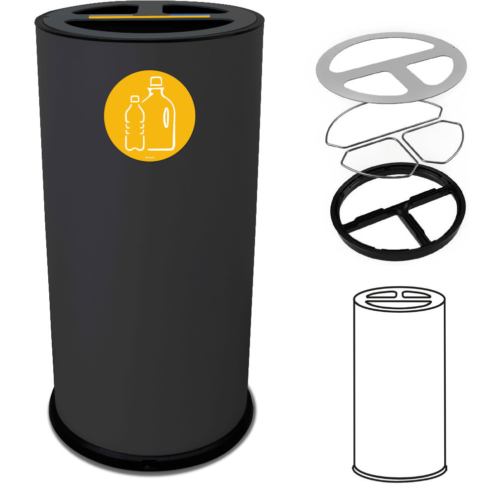 Schwarzer 70-Liter-Recyclingtonnenbehälter mit drei Fächern, Vorderansicht Schwarzer 70-Liter-Recyclingtonnenbehälter mit drei Fächern, Vorderansicht