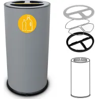 Grauer 70-Liter-Recyclingtonnenbehälter mit drei Fächern, Vorderansicht