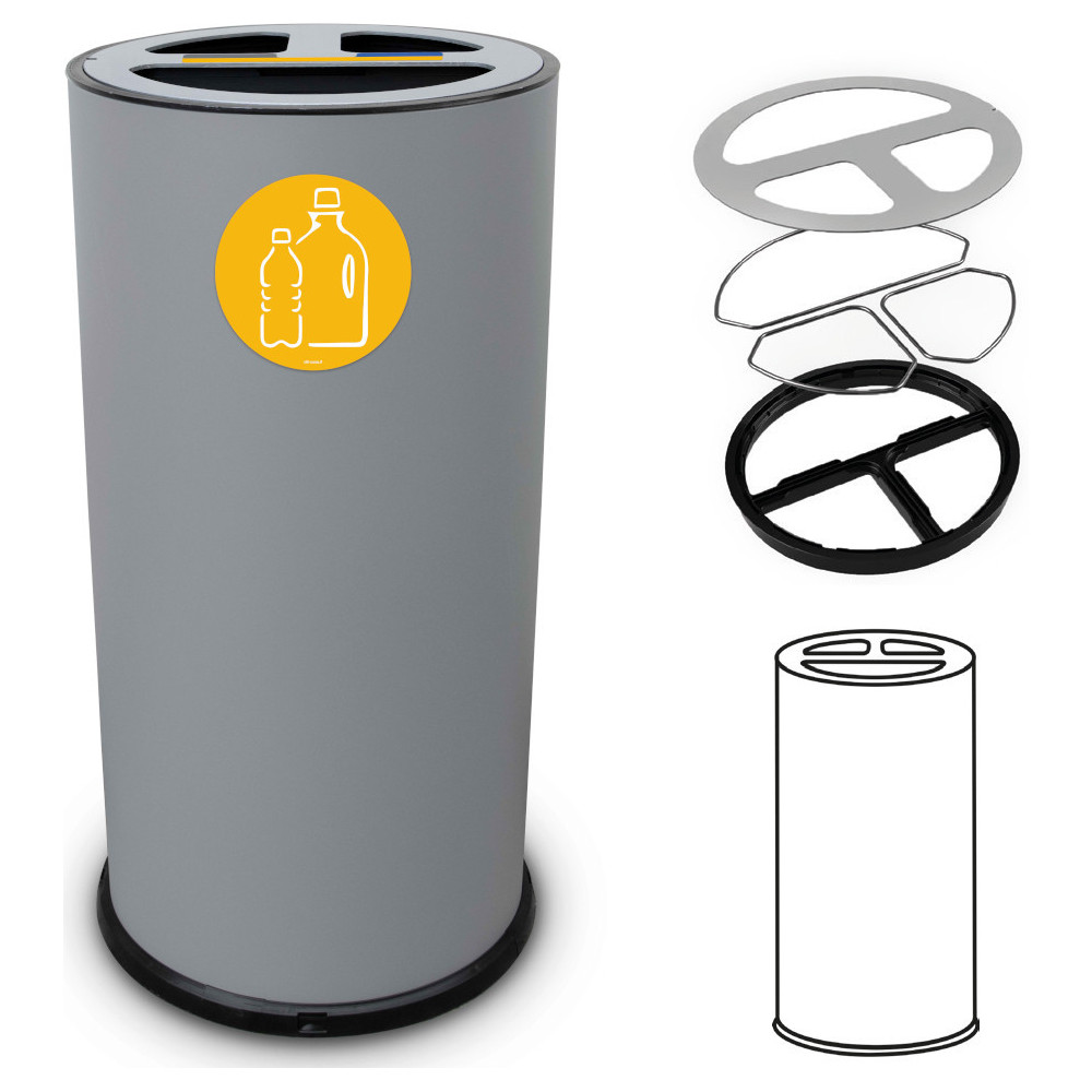 Grey 70-litre triple-compartment recycling bin, front view Grey 70-litre triple-compartment recycling bin, front view