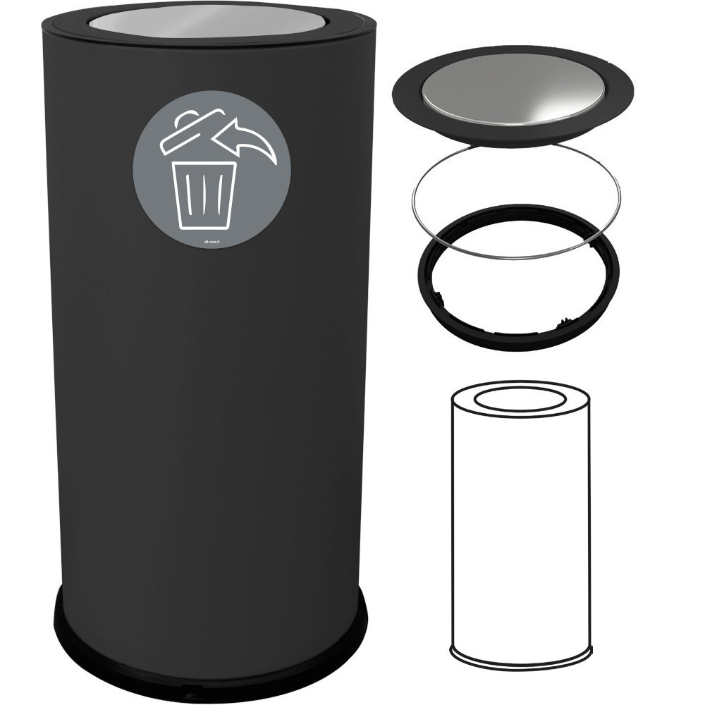 Schwarzer Design-Abfalleimer, 50 Liter, mit Edelstahl-Schwingdeckel Schwarzer Design-Abfalleimer, 50 Liter, mit Edelstahl-Schwingdeckel