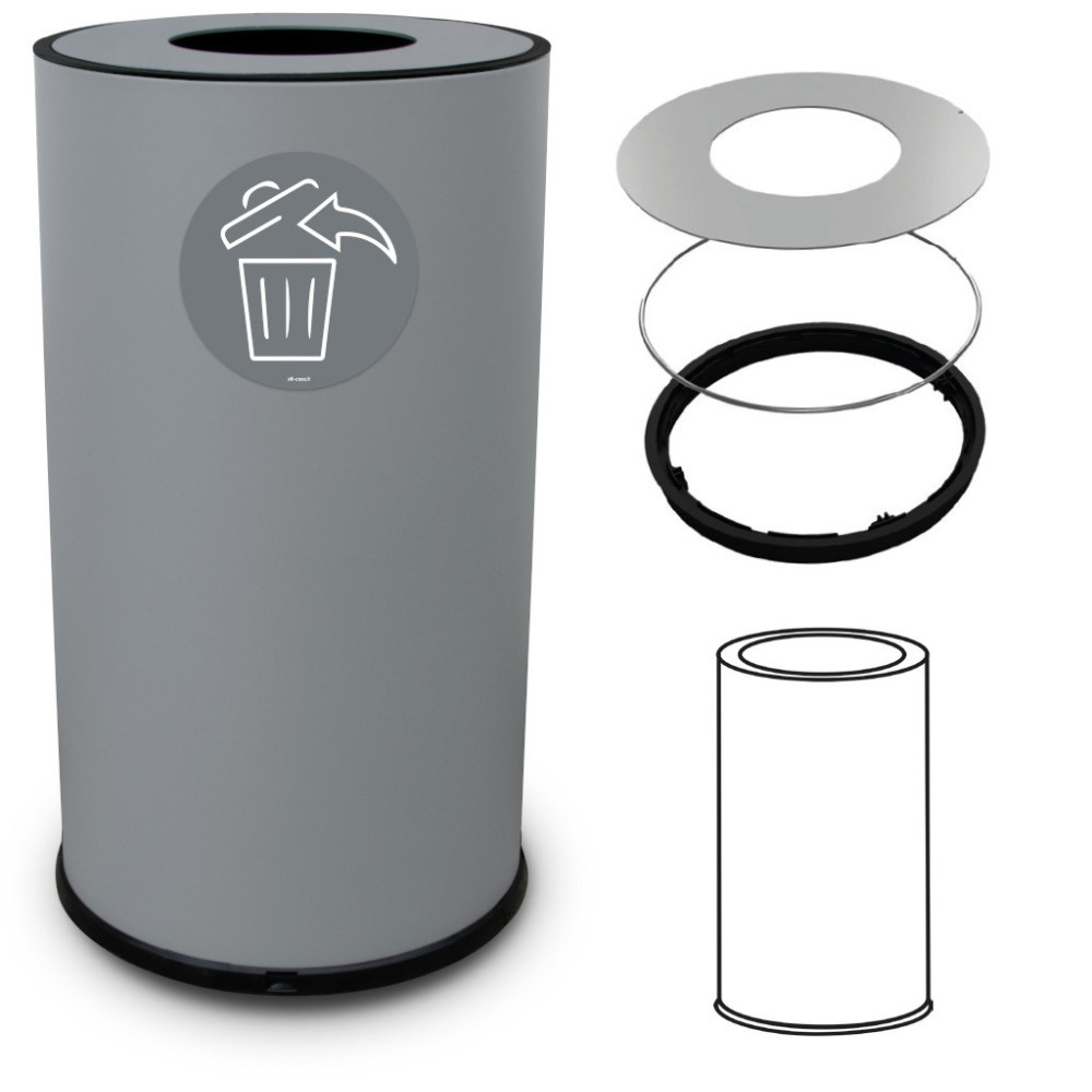 Round 50-litre grey steel bin with round opening, designer style Round 50-litre grey steel bin with round opening, designer style