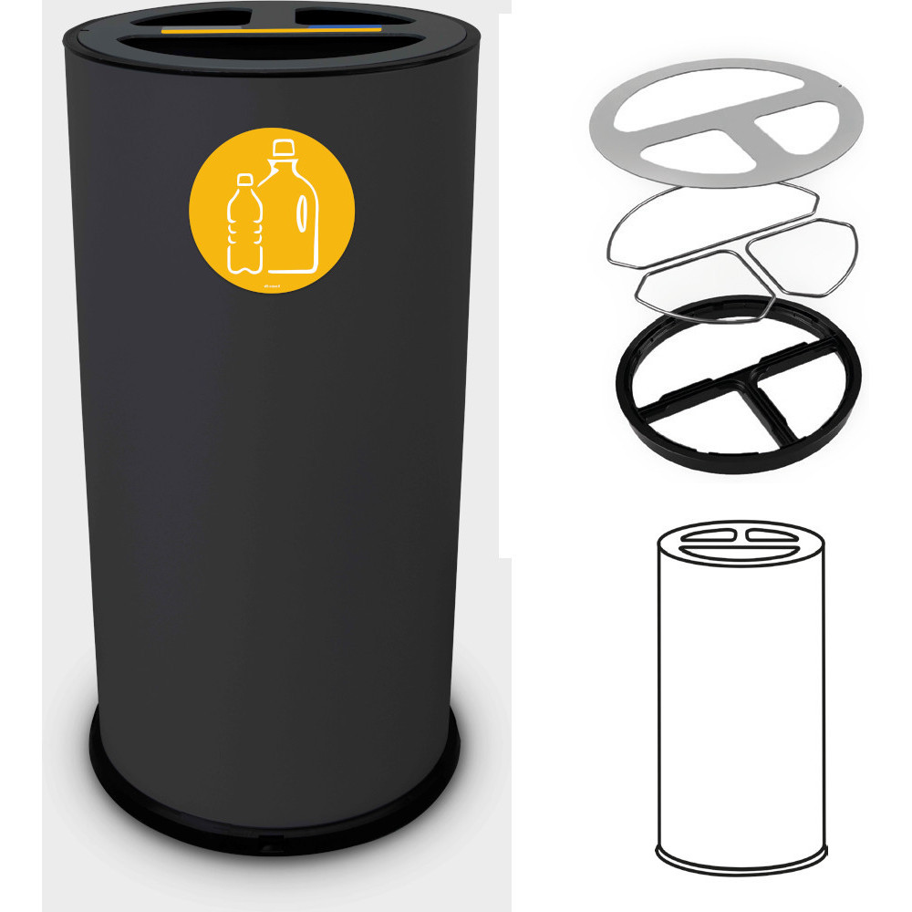 50-Liter-Recyclingbehälter aus schwarzem Stahl mit drei Fächern 50-Liter-Recyclingbehälter aus schwarzem Stahl mit drei Fächern