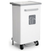 Mobile 90L bag stand, white steel, with pedal and wheels
