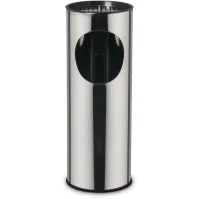 Stainless steel freestanding ashtray with 17-liter bin, front view