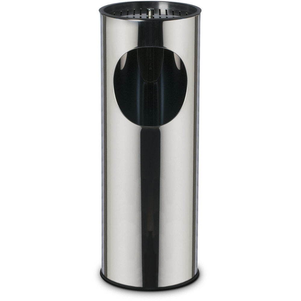 Stainless steel freestanding ashtray with 17-liter bin, front view
