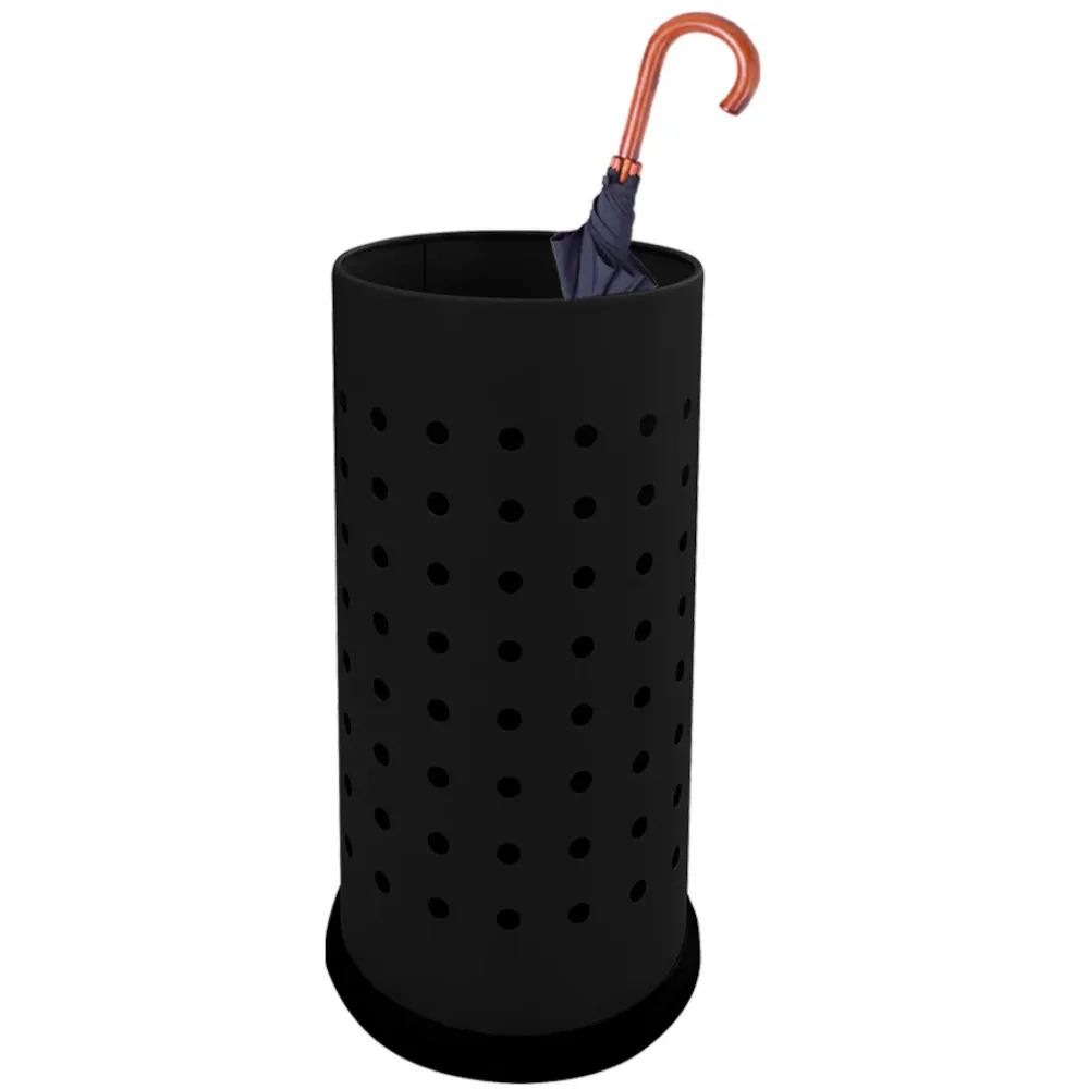 Black perforated steel umbrella stand 24x24x48 cm with waterproof tray