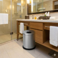 Self-extinguishing stainless steel 15-litre waste bin, front view, office