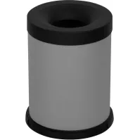 Grey 15-litre fireproof waste bin, front view, office