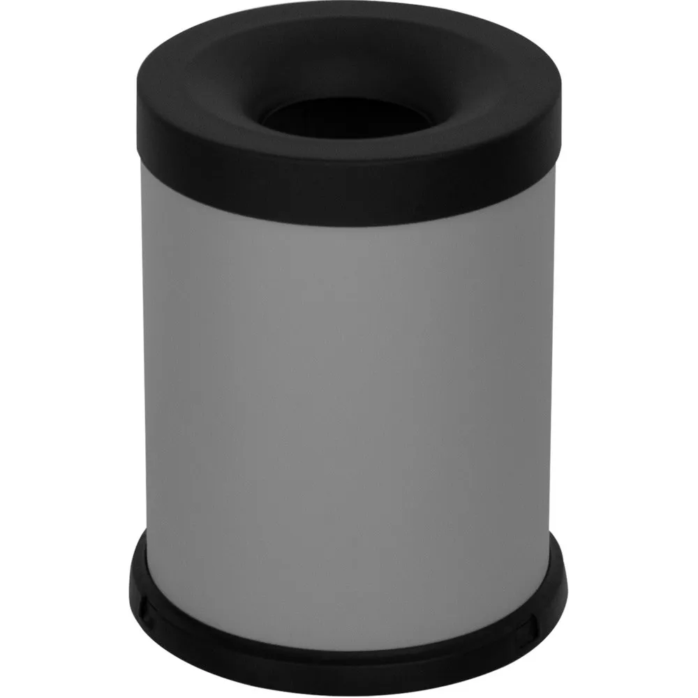 Grey 15-litre fireproof waste bin, front view, office